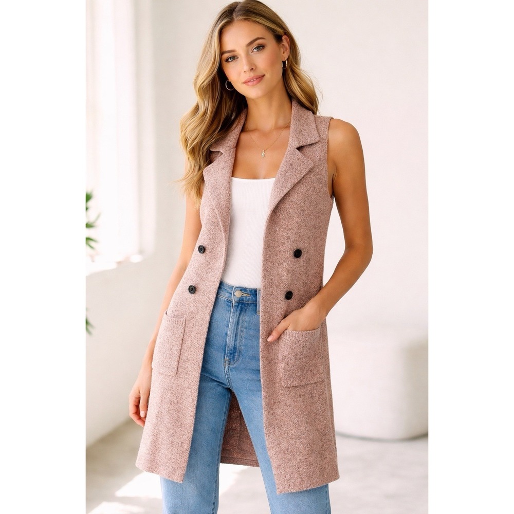 Love Tree Sleeveless Sweater Vest Long Cardigan Blush Coral Notch Collar Pockets